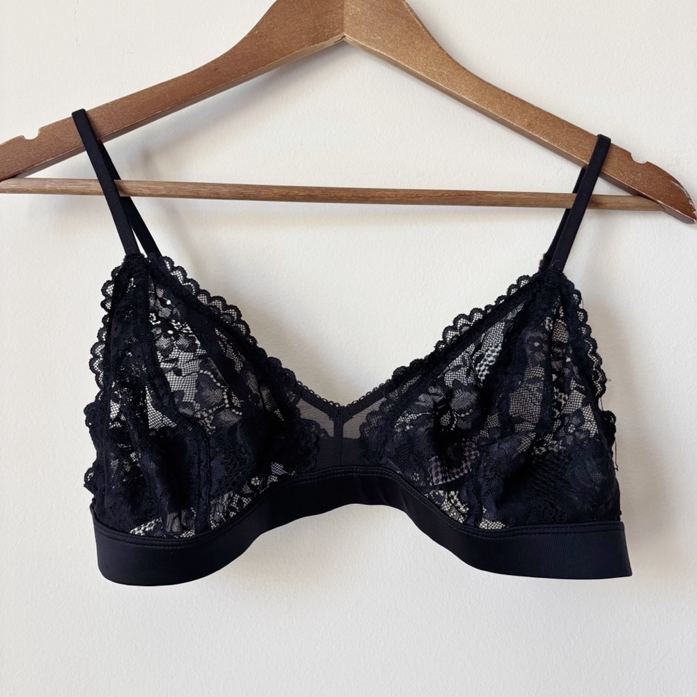 Savage X Fenty Black Caviar Floral Lace and Mesh Bralette Large